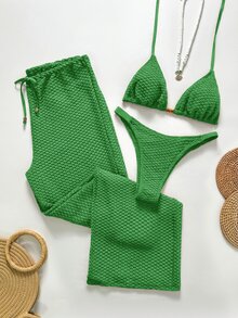 Swim Chiccia 女士钩编串珠吊带文胸上衣和内裤套装，含罩衫和长裤，三件套泳衣 - 軍綠色 - 查看 1