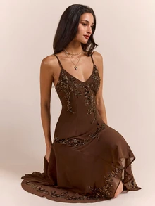 Enchnt Premium Pre-Fall Romantic Women's Elegant Vintage Brown Bugle Bead Embroidery Dress,Party Dress,Wedding Guest,Vacation Outfits,Birthday Dress - Coffee - View 4