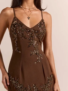 Enchnt Premium Pre-Fall Romantic Women's Elegant Vintage Brown Bugle Bead Embroidery Dress,Party Dress,Wedding Guest,Vacation Outfits,Birthday Dress - Coffee - View 3