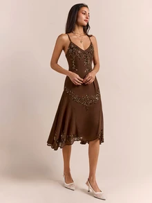 Enchnt Premium Pre-Fall Romantic Women's Elegant Vintage Brown Bugle Bead Embroidery Dress,Party Dress,Wedding Guest,Vacation Outfits,Birthday Dress - Coffee - View 5