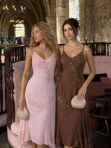 Enchnt Premium Pre-Fall Romantic Women's Elegant Vintage Brown Bugle Bead Embroidery Dress,Party Dress,Wedding Guest,Vacation Outfits,Birthday Dress - Coffee - View 9