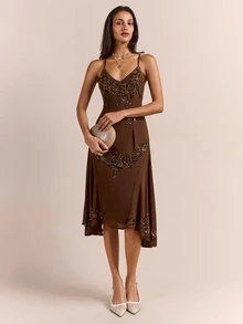 Enchnt Premium Pre-Fall Romantic Women's Elegant Vintage Brown Bugle Bead Embroidery Dress,Party Dress,Wedding Guest,Vacation Outfits,Birthday Dress - Coffee - View 7