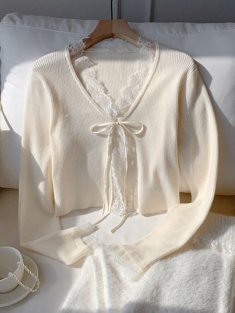 Comfortcana Cardigan Wanita Warna Polos dengan Motif Renda dan Tambal Sulam - Putih - View 3