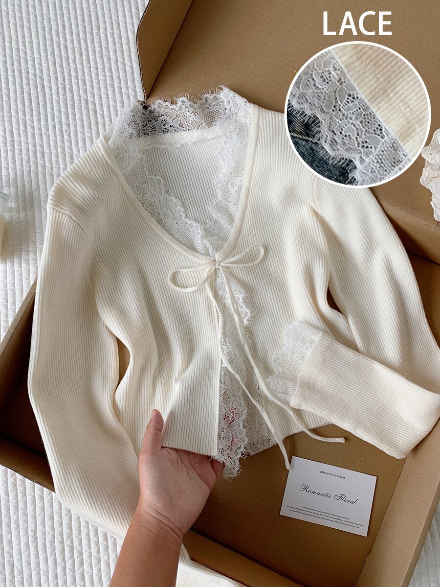 Comfortcana 女款素色蕾絲拼接開襟衫 - 白色 - 查看 1