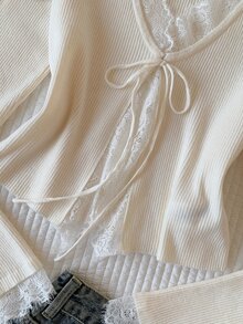 Comfortcana 女款素色蕾絲拼接開襟衫 - 白色 - 查看 5