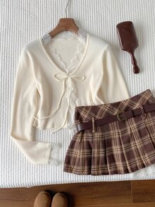 Comfortcana 女款素色蕾絲拼接開襟衫 - 白色 - 查看 6