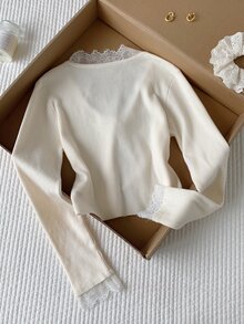 Comfortcana 女款素色蕾絲拼接開襟衫 - 白色 - 查看 2