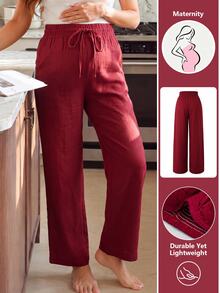 GentleRue Maternity Maternity Casual Loose Fit Pants Red Waist Tie Long Pants Photoshoot Fall - Burgundy - View 13