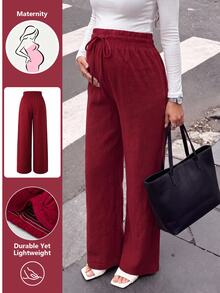 GentleRue Maternity Maternity Casual Loose Fit Pants Red Waist Tie Long Pants Photoshoot Fall - Burgundy - View 2