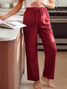 GentleRue Maternity Maternity Casual Loose Fit Pants Red Waist Tie Long Pants Photoshoot Fall - Burgundy - View 1