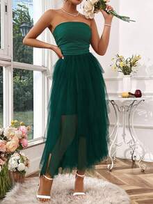 Rafferiza Women's Solid Color Mesh Panel Strapless Dress Maxi Women Outfit - Dark Green - View 5