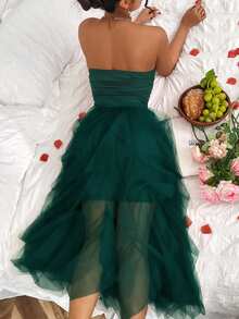 Rafferiza Women's Solid Color Mesh Panel Strapless Dress Maxi Women Outfit - Dark Green - View 2