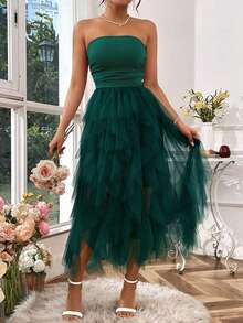 Rafferiza Women's Solid Color Mesh Panel Strapless Dress Maxi Women Outfit - Dark Green - View 6