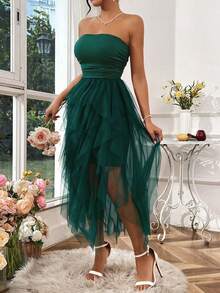 Rafferiza Women's Solid Color Mesh Panel Strapless Dress Maxi Women Outfit - Dark Green - View 4