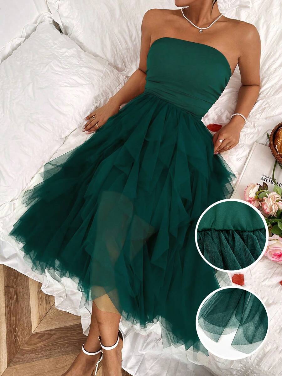 Rafferiza Women's Solid Color Mesh Panel Strapless Dress Maxi Women Outfit - Dark Green - View 1
