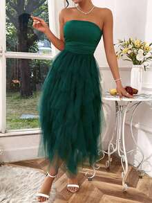Rafferiza Women's Solid Color Mesh Panel Strapless Dress Maxi Women Outfit - Dark Green - View 7
