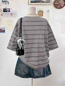 Lalippa Plus Size Women Striped Round Neck Drop Shoulder Loose T-Shirt - Multicolor - View 2