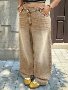 Rivivi Plus Size Women's Casual Versatile Daily Wear Denim Jeans With Pockets And Buttons - Rust Brown - View 3