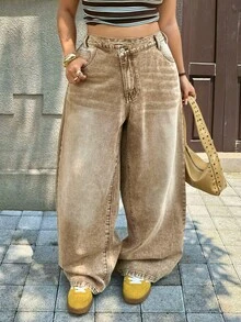 Rivivi Plus Size Women's Casual Versatile Daily Wear Denim Jeans With Pockets And Buttons - Rust Brown - View 4