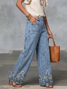 LUMIGAL Celana Jeans Denim Kasual Longgar dengan Motif Bunga dan Saku untuk Wanita - Biru - View 4
