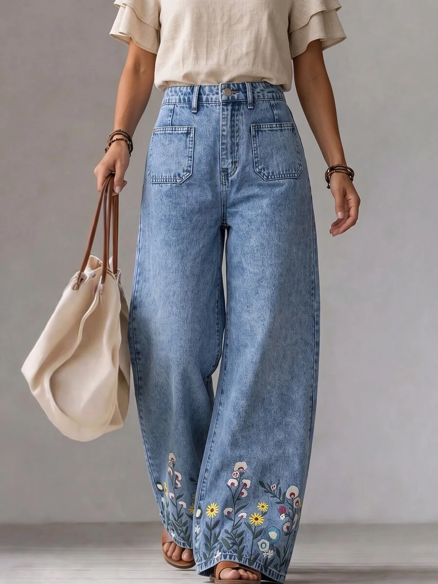 LUMIGAL Celana Jeans Denim Kasual Longgar dengan Motif Bunga dan Saku untuk Wanita - Biru - View 1