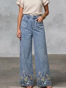 LUMIGAL Celana Jeans Denim Kasual Longgar dengan Motif Bunga dan Saku untuk Wanita - Biru - View 3