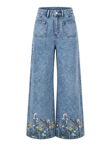 LUMIGAL Celana Jeans Denim Kasual Longgar dengan Motif Bunga dan Saku untuk Wanita - Biru - View 6