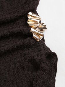 Flirla New Textured Elegant Commuter Versatile Metal Buckle Asymmetric Ruffle Waist-Cinched Slimming Flare Long Sleeve T-Shirt - Coffee Brown - View 6