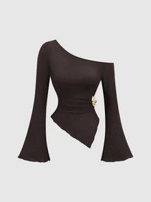 Flirla New Textured Elegant Commuter Versatile Metal Buckle Asymmetric Ruffle Waist-Cinched Slimming Flare Long Sleeve T-Shirt - Coffee Brown - View 7