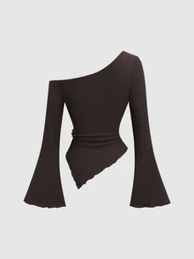 Flirla New Textured Elegant Commuter Versatile Metal Buckle Asymmetric Ruffle Waist-Cinched Slimming Flare Long Sleeve T-Shirt - Coffee Brown - View 2
