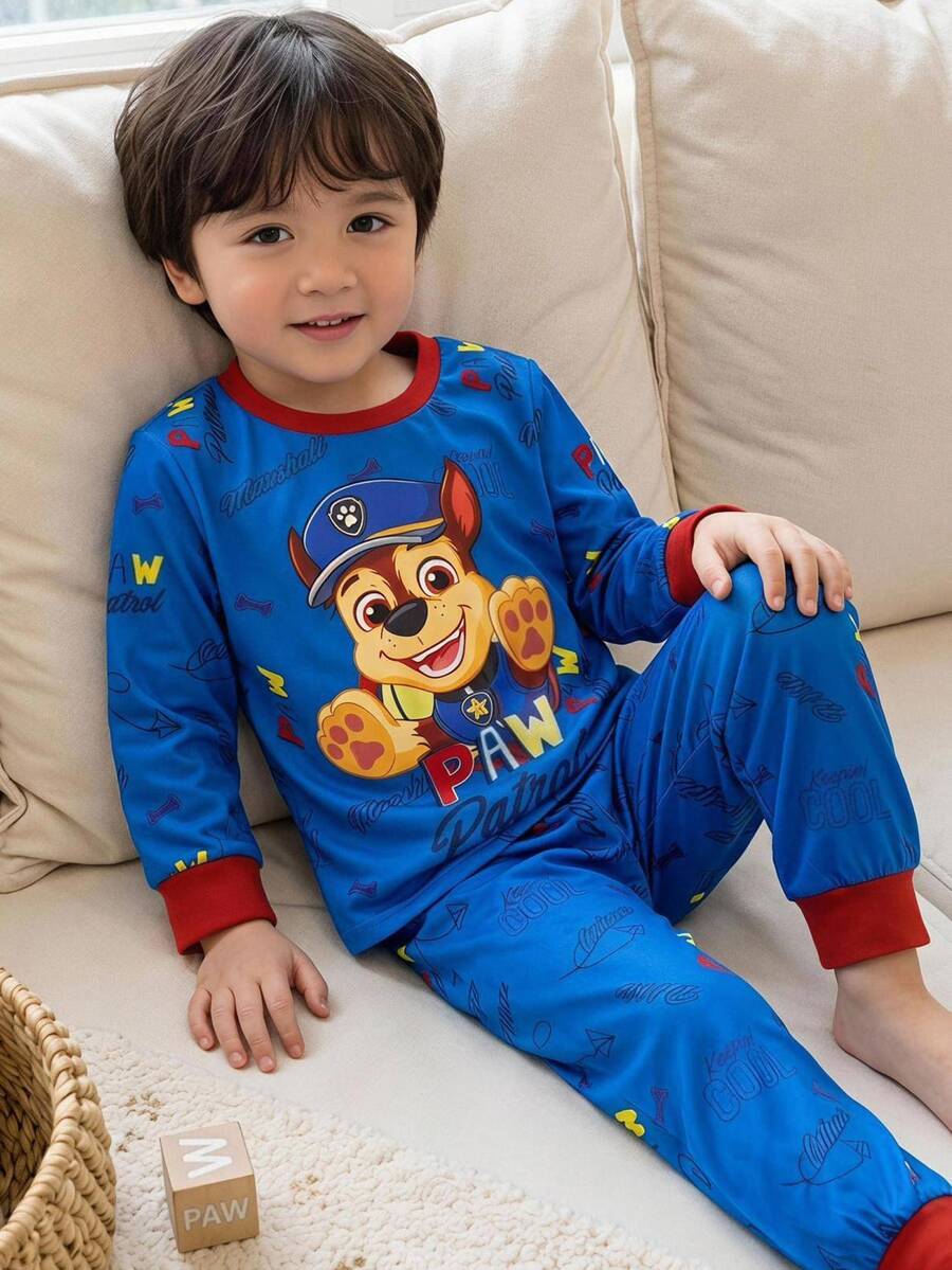 SHEIN | PAW Patrol Young Boy Cartoon & Kids Letter Graphic Contrast Trim PJ Set, Snug Fit - Multicolor - View 1