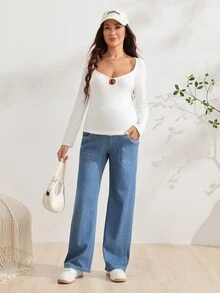 SHEIN Adjustable Waist Casual Chic Daily Formal Party Straight Leg Denim Jeans For Pregnant Women Blue Autumn - Medium Wash - View 6