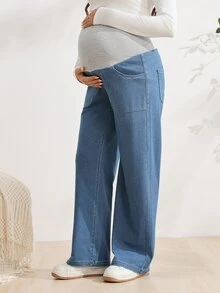 SHEIN Adjustable Waist Casual Chic Daily Formal Party Straight Leg Denim Jeans For Pregnant Women Blue Autumn - Medium Wash - View 4