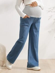 SHEIN Adjustable Waist Casual Chic Daily Formal Party Straight Leg Denim Jeans For Pregnant Women Blue Autumn - Medium Wash - View 7