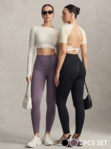 Activina Women's Seamless Sports Leggings 2 Pieces Set Black & Purple - Multicolor - View 2