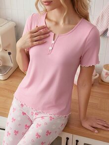 SweetSlumber Women's Solid Color Short Sleeve Top And Bow Print Long Pants Pajama Set - Pink - View 10