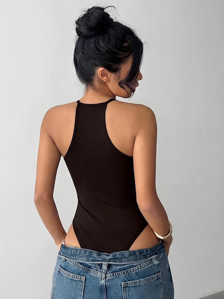 Aloruh Women's Black Elegant Summer Night Out Bodysuit,Y2K Music Festival Party Lace Backless Sheer Sleeveless Patchwork Knit Fabric Beach Holiday - Brown - View 2