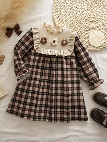 Emery Rose Kids Emery Rose Kids Young Girl Young Girl Kids Young Girl Vintage Brown Plaid Girls Dress, Ruffle Collar, Frill Trim, Detail, Bell Sleeve, Autumn/Winter Princess Dress - Multicolor - View 10