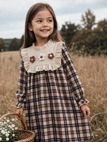Emery Rose Kids Emery Rose Kids Young Girl Young Girl Kids Young Girl Vintage Brown Plaid Girls Dress, Ruffle Collar, Frill Trim, Detail, Bell Sleeve, Autumn/Winter Princess Dress - Multicolor - View 3