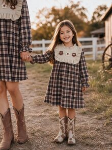 Emery Rose Kids Emery Rose Kids Young Girl Young Girl Kids Young Girl Vintage Brown Plaid Girls Dress, Ruffle Collar, Frill Trim, Detail, Bell Sleeve, Autumn/Winter Princess Dress - Multicolor - View 4
