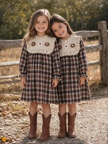 Emery Rose Kids Emery Rose Kids Young Girl Young Girl Kids Young Girl Vintage Brown Plaid Girls Dress, Ruffle Collar, Frill Trim, Detail, Bell Sleeve, Autumn/Winter Princess Dress - Multicolor - View 6