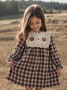 Emery Rose Kids Emery Rose Kids Young Girl Young Girl Kids Young Girl Vintage Brown Plaid Girls Dress, Ruffle Collar, Frill Trim, Detail, Bell Sleeve, Autumn/Winter Princess Dress - Multicolor - View 5