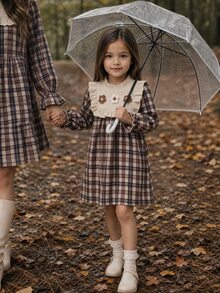 Emery Rose Kids Emery Rose Kids Young Girl Young Girl Kids Young Girl Vintage Brown Plaid Girls Dress, Ruffle Collar, Frill Trim, Detail, Bell Sleeve, Autumn/Winter Princess Dress - Multicolor - View 7