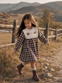 Emery Rose Kids Emery Rose Kids Young Girl Young Girl Kids Young Girl Vintage Brown Plaid Girls Dress, Ruffle Collar, Frill Trim, Detail, Bell Sleeve, Autumn/Winter Princess Dress - Multicolor - View 11