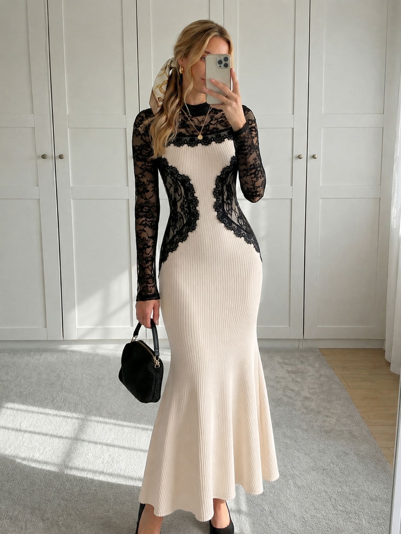 Modelyn 2026 Ribbed Long Sleeve Women's Long Dress Lace Patchwork Bodycon Dress Autumn/Winter White Social Clothing - Apricot - View 1
