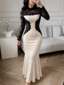 Modelyn 2026 Ribbed Long Sleeve Women's Long Dress Lace Patchwork Bodycon Dress Autumn/Winter White Social Clothing - Apricot - View 5
