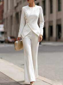 SHEIN Women's White Asymmetric Button Long Sleeve Top & Wide Leg Pants Suit, Elegant 2 Pieces Outfit For Sp - White - View 1