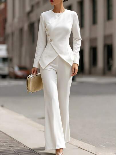 SHEIN Women's White Asymmetric Button Long Sleeve Top & Wide Leg Pants Suit, Elegant 2 Pieces Outfit For Sp
