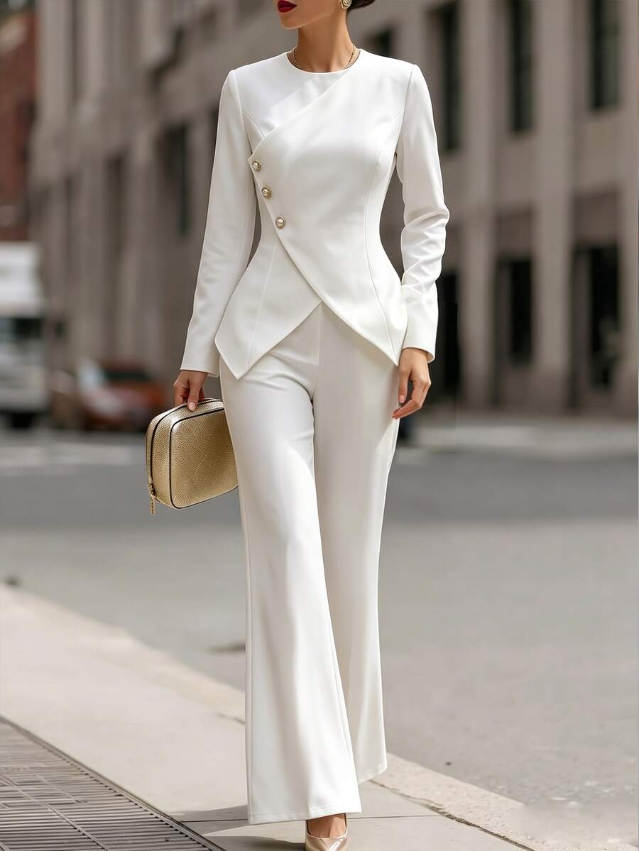 SHEIN Women's White Asymmetric Button Long Sleeve Top & Wide Leg Pants Suit, Elegant 2 Pieces Outfit For Sp - White - View 1