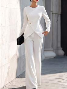 SHEIN Women's White Asymmetric Button Long Sleeve Top & Wide Leg Pants Suit, Elegant 2 Pieces Outfit For Sp - White - View 4